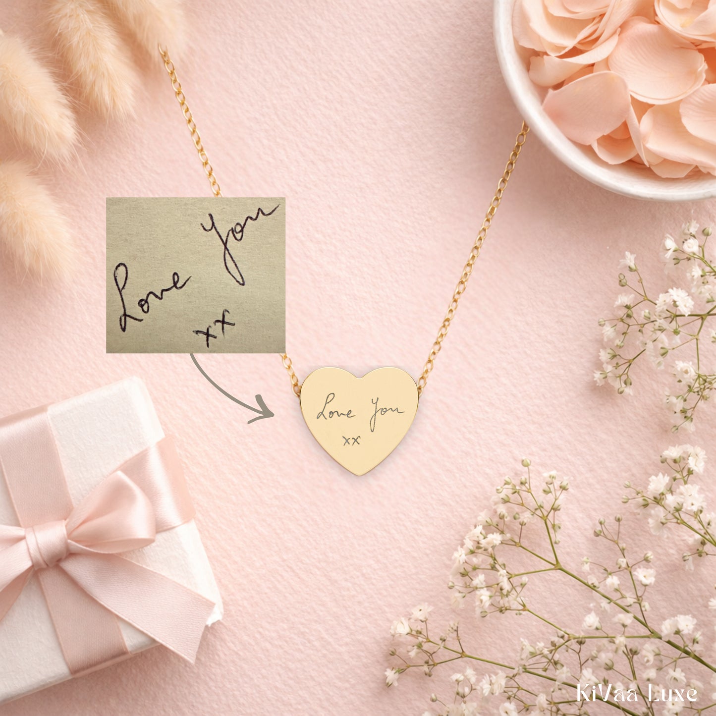 Personalized Heart Pendant Necklace – Handwritten or Custom Engraving